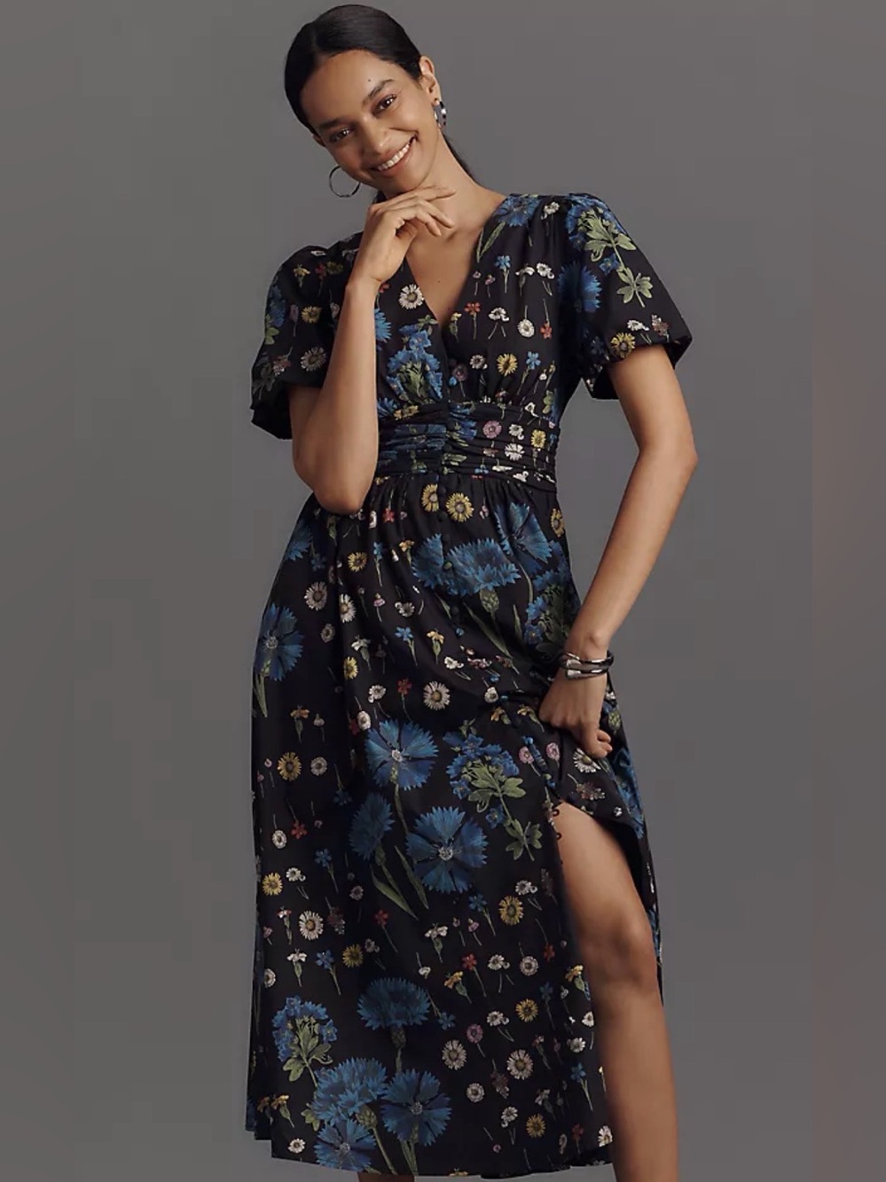 Anthropologie The Katerina Floral Button Front Dress navy Large